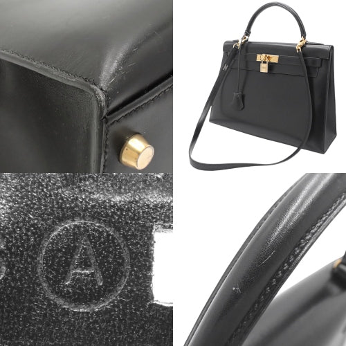 Kelly 32 (Exterior Stitched) Box Calfskin, Black, Gold Hardware, 〇A Stamp