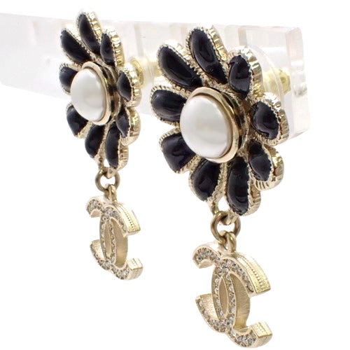 COCOMARK Flower Pearl Earrings, Metal (GP), Faux Pearl and Rhinestone, Accessory, Jewelry, Dangle, Swing, Flower