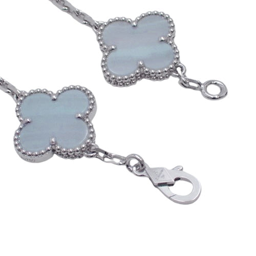 Vintage Alhambra Bracelet with 5 Chalcedony Motifs, 18K White Gold (VCARD34700), Clover Motif, and WG.