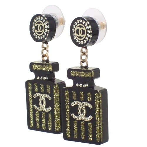 Coco Mark Perfume Bottle Earrings, Plastic, Metal (GP), Rhinestones, Accessories, Jewelry, Perfume Motif, Glitter