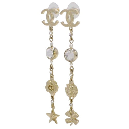 Coco Mark Long Designer Earrings, Metal (GP), Rhinestones, Faux Pearls, Dangles, Lion, Clover, Star
