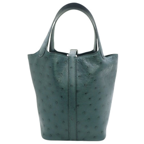 Picotin Lock PM, Ostrich Leather, Palladium Hardware, Vert Cypres (Green), Silver Hardware, Z-stamp.
