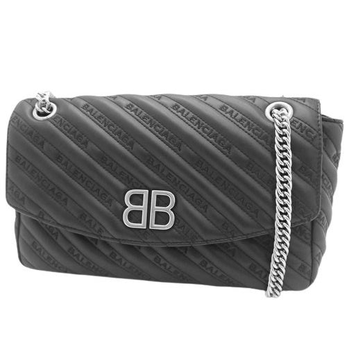 BB Round Chain Shoulder Bag, Calfskin, Black, 501684, Shoulder Bag, Crossbody Bag, Logo Embroidery