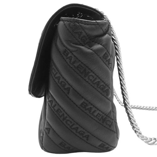 BB Round Chain Shoulder Bag, Calfskin, Black, 501684, Shoulder Bag, Crossbody Bag, Logo Embroidery