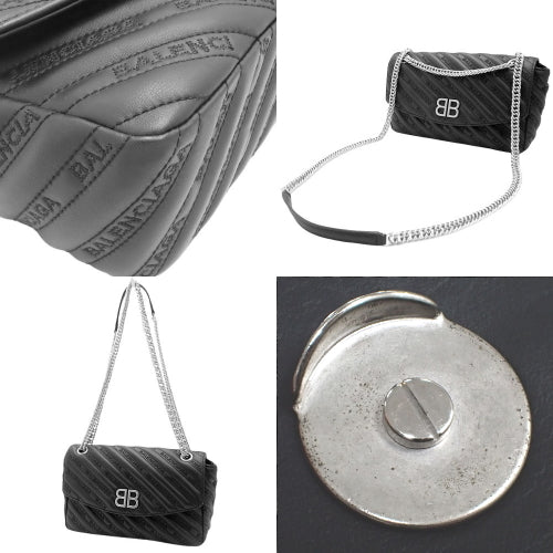 BB Round Chain Shoulder Bag, Calfskin, Black, 501684, Shoulder Bag, Crossbody Bag, Logo Embroidery