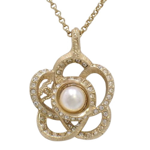 Camellia Rhinestone Pendant, Metal (GP), Fake Pearl, Accessory, Jewelry, Flower