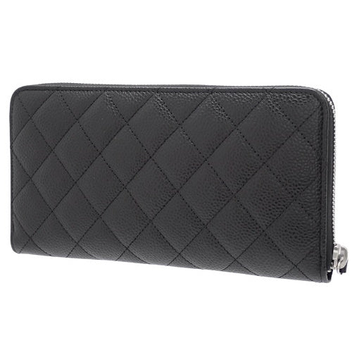 Matelasse Coco Mark Classic Long Wallet, Caviar Skin, Black, A50097, Round Zipper