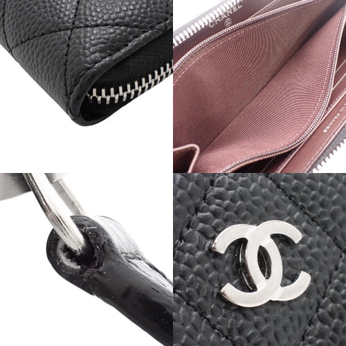 Matelasse Coco Mark Classic Long Wallet, Caviar Skin, Black, A50097, Round Zipper