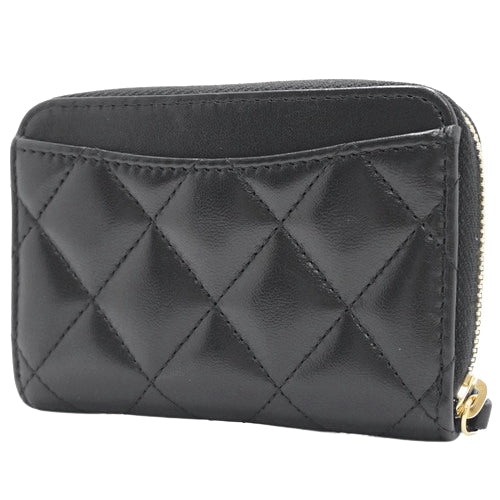 Matelasse Coco Mark Zip Coin Purse, Lambskin, Black, Round Zipper Mini Wallet