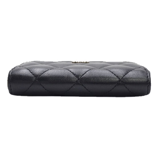 Matelasse Coco Mark Zip Coin Purse, Lambskin, Black, Round Zipper Mini Wallet