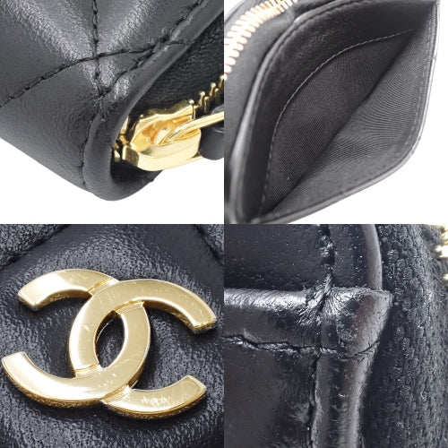 Matelasse Coco Mark Zip Coin Purse, Lambskin, Black, Round Zipper Mini Wallet