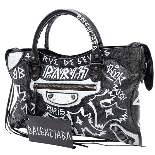 Graffiti Classic City Leather Tote Bag, Black and White, 505550