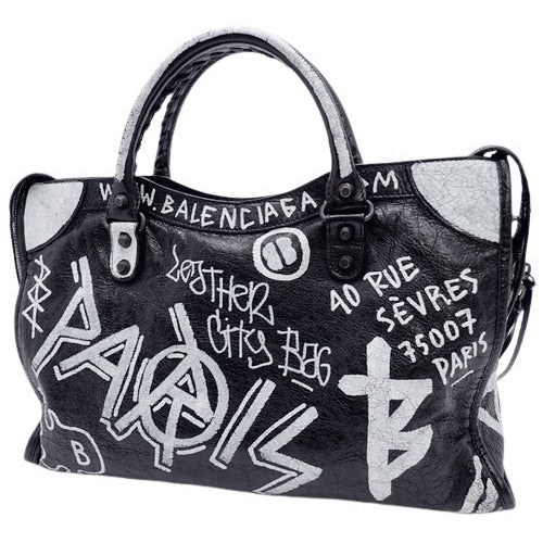 Graffiti Classic City Leather Tote Bag, Black and White, 505550
