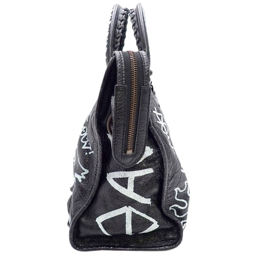 Graffiti Classic City Leather Tote Bag, Black and White, 505550