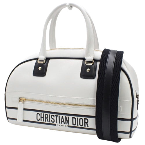 VIBE Medium Bowling Bag, Calfskin, White/Black, M6202OOBR_M879, Shoulder Bag, 2-Way, Boston Bag.