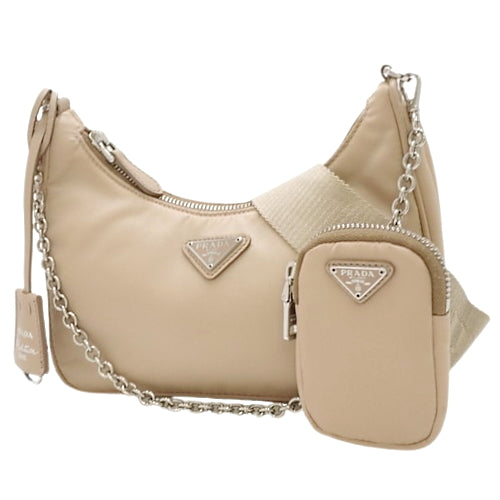 Re-Edition 2005 Re-Nylon bag, nylon and saffiano leather, sand beige, 1BH204_R064_F0F24_V_V9L (currently available as of September 2024), 2-way, shoulder and crossbody.