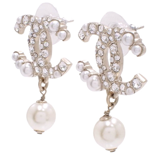 Coco Mark Earrings, Metal (GP), Faux Pearl, Rhinestone, Accessories, Jewelry