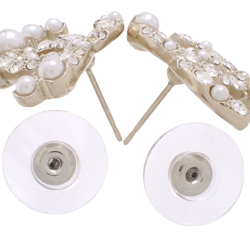 Coco Mark Earrings, Metal (GP), Faux Pearl, Rhinestone, Accessories, Jewelry