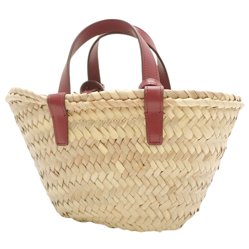 Triomphe Panier Mini Basket in Raffia and Leather, Bordeaux and Beige.  A woven basket bag, suitable for shoulder or hand carrying.