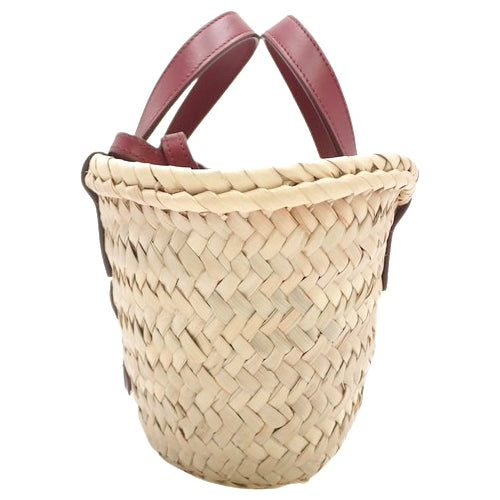 Triomphe Panier Mini Basket in Raffia and Leather, Bordeaux and Beige.  A woven basket bag, suitable for shoulder or hand carrying.