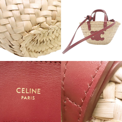 Triomphe Panier Mini Basket in Raffia and Leather, Bordeaux and Beige.  A woven basket bag, suitable for shoulder or hand carrying.