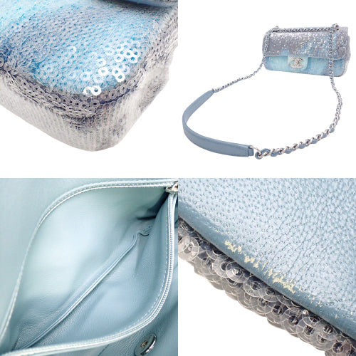 Chanel Coco Mark Chain Shoulder Bag, Sequined Leather, Light Blue, Shoulder Bag, Crossbody, Single Flap