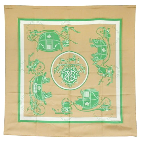 EX-LIBRIS, Carre 90, Apparel, Fashion Accessories, Carriage Pattern, Silk, Camel, Emerald