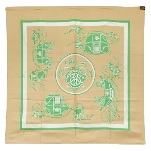 EX-LIBRIS, Carre 90, Apparel, Fashion Accessories, Carriage Pattern, Silk, Camel, Emerald