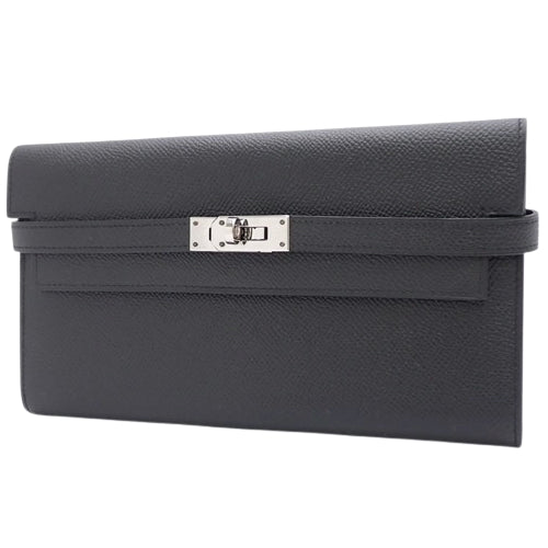 Kelly长款钱包,Epsom皮革,钯金配件,黑色,银色配件,C字印记