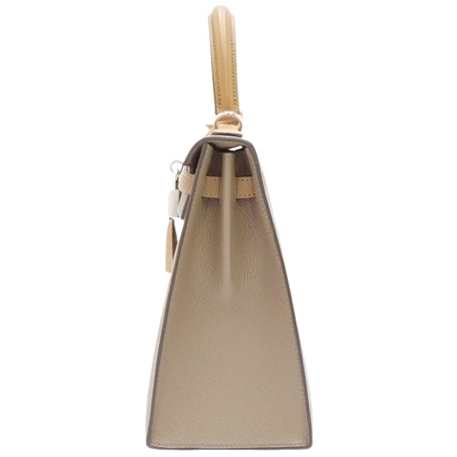 Kelly 25 (Exterior Stitched) Tricolor, Epsom Calfskin, Palladium Hardware, Etoupe/Etoupe, Alzane, Biscuit, Silver Hardware, U Stamp.