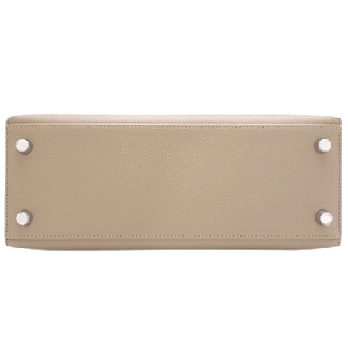 Kelly 25 (Exterior Stitched) Tricolor, Epsom Calfskin, Palladium Hardware, Etoupe/Etoupe, Alzane, Biscuit, Silver Hardware, U Stamp.