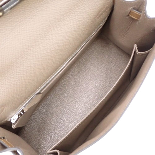 Kelly 25 (Exterior Stitched) Tricolor, Epsom Calfskin, Palladium Hardware, Etoupe/Etoupe, Alzane, Biscuit, Silver Hardware, U Stamp.