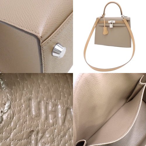 Kelly 25 (Exterior Stitched) Tricolor, Epsom Calfskin, Palladium Hardware, Etoupe/Etoupe, Alzane, Biscuit, Silver Hardware, U Stamp.