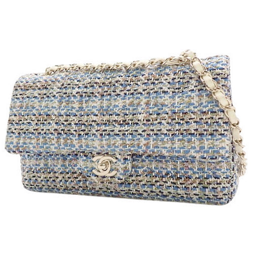 Matelasse Coco Mark Double Flap Chain Shoulder Bag, Tweed, Light Blue, White, Multicolor, Shoulder Bag, Double Flap, 25cm