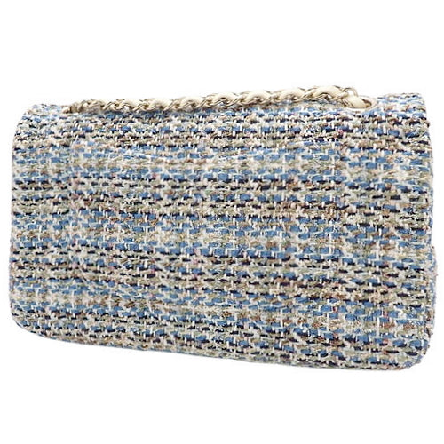 Matelasse Coco Mark Double Flap Chain Shoulder Bag, Tweed, Light Blue, White, Multicolor, Shoulder Bag, Double Flap, 25cm