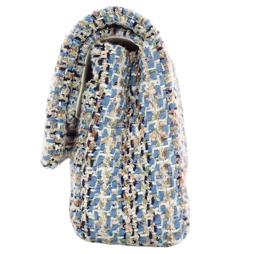 Matelasse Coco Mark Double Flap Chain Shoulder Bag, Tweed, Light Blue, White, Multicolor, Shoulder Bag, Double Flap, 25cm