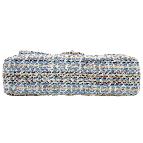 Matelasse Coco Mark Double Flap Chain Shoulder Bag, Tweed, Light Blue, White, Multicolor, Shoulder Bag, Double Flap, 25cm