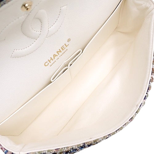 Matelasse Coco Mark Double Flap Chain Shoulder Bag, Tweed, Light Blue, White, Multicolor, Shoulder Bag, Double Flap, 25cm