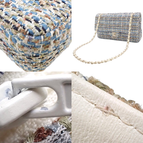 Matelasse Coco Mark Double Flap Chain Shoulder Bag, Tweed, Light Blue, White, Multicolor, Shoulder Bag, Double Flap, 25cm