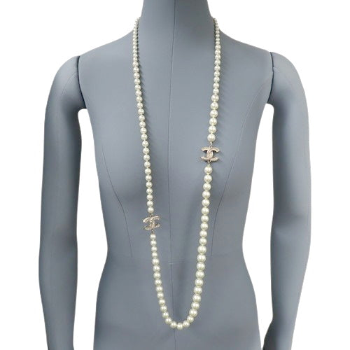 Coco Mark Pearl Long Necklace, Metal (GP), Faux Pearl, Rhinestone, Accessory, Jewelry