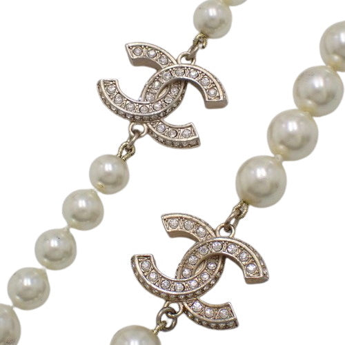 Coco Mark Pearl Long Necklace, Metal (GP), Faux Pearl, Rhinestone, Accessory, Jewelry
