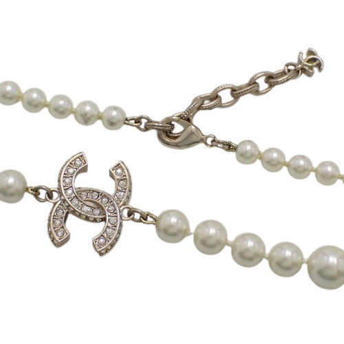 Coco Mark Pearl Long Necklace, Metal (GP), Faux Pearl, Rhinestone, Accessory, Jewelry