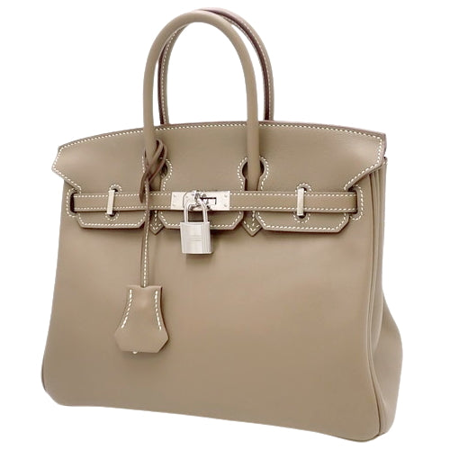 Birkin 25, Voile Swift leather, palladium hardware, Etoupe/Etoupe (color), silver hardware, T stamp.