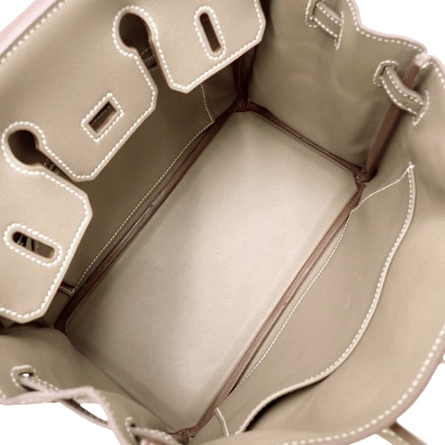 Birkin 25, Voile Swift leather, palladium hardware, Etoupe/Etoupe (color), silver hardware, T stamp.