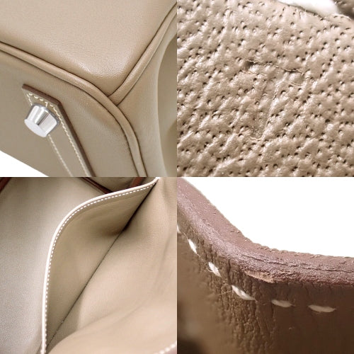 Birkin 25, Voile Swift leather, palladium hardware, Etoupe/Etoupe (color), silver hardware, T stamp.