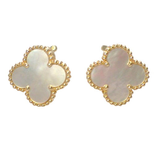 Vintage Alhambra Earrings, Mother-of-Pearl, Yellow Gold (K18YG), Accessory, Jewelry, Flower Motif, Clover