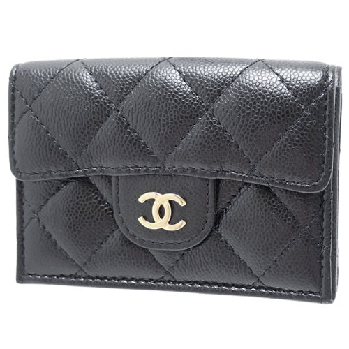 Matelasse Coco Mark Tri-Fold Wallet, Caviar Skin, Black, A84401, Mini Wallet, 3-Fold