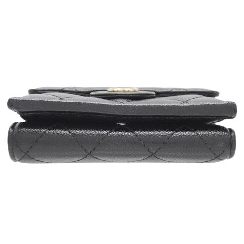 Matelasse Coco Mark Tri-Fold Wallet, Caviar Skin, Black, A84401, Mini Wallet, 3-Fold