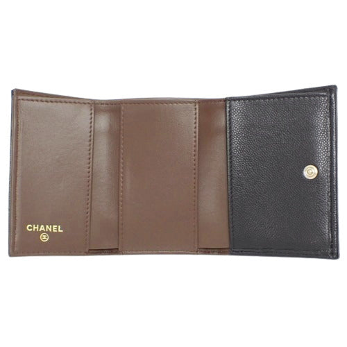 Matelasse Coco Mark Tri-Fold Wallet, Caviar Skin, Black, A84401, Mini Wallet, 3-Fold