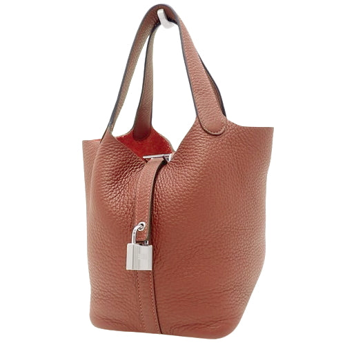 Picotin Lock PM, Toron Clemence leather, palladium hardware, Rouge Ash color, silver hardware, U stamp.